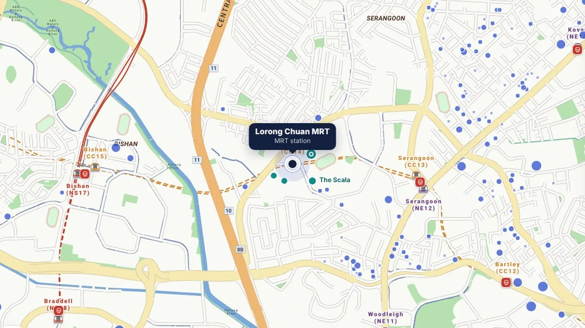Groundwork map centred on Lorong Chuan MRT, with nearby private developments such as The Scala marked